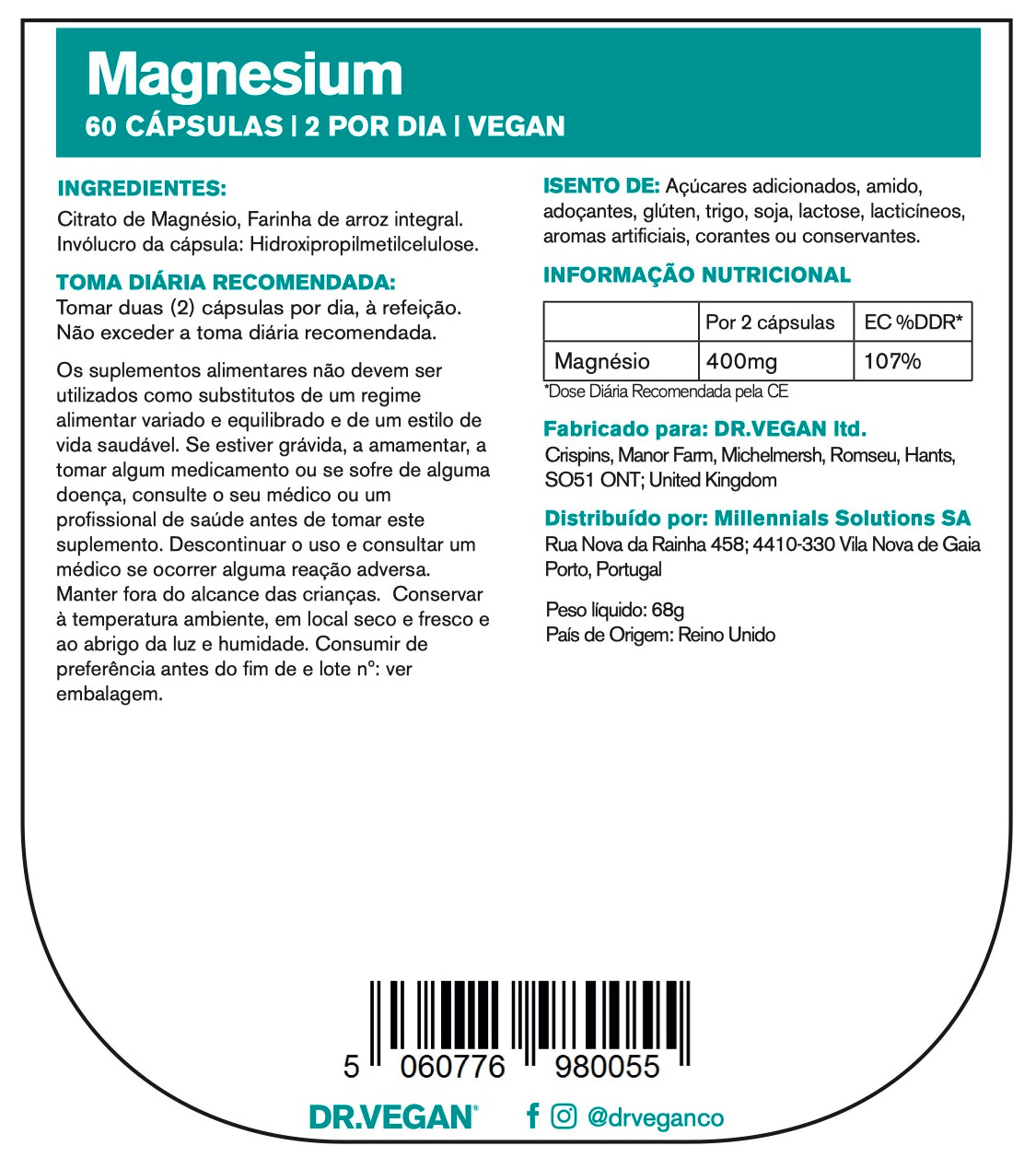 DR.VEGAN Daily Magnesium Citrate, 400mg | 60 Cápsulas Veganas | Dois por dia - 30 dias de uso