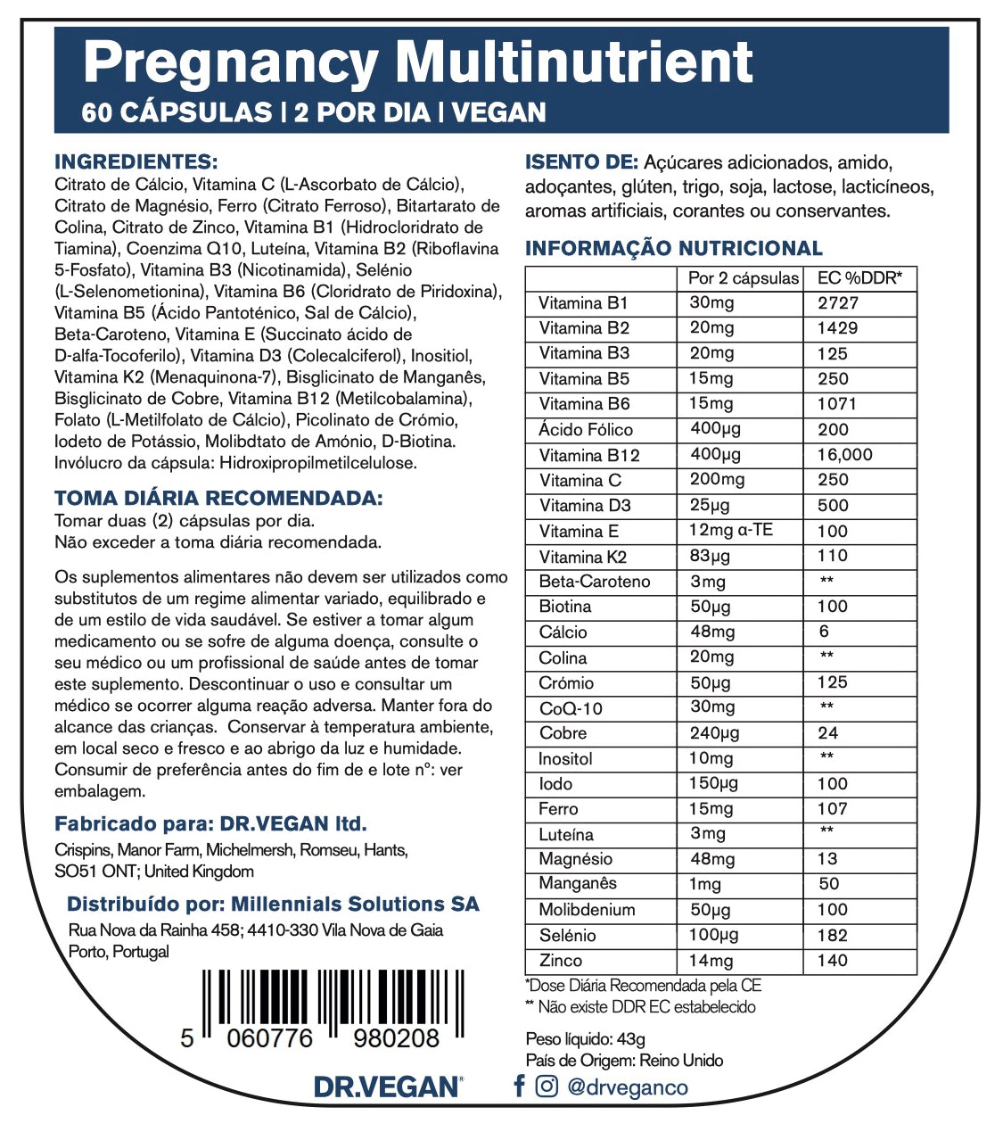 DR.VEGAN Pregnancy Multinutrient | Suplemento à base de plantas | 27 nutrientes essenciais | Ácido Fólico 400ug | 60 cápsulas | 2 por dia - 30 dias de uso | Colina 20mg | Beta-caroteno | Vitamina D3 25ug | Luteína 3mg | Vitaminas B
