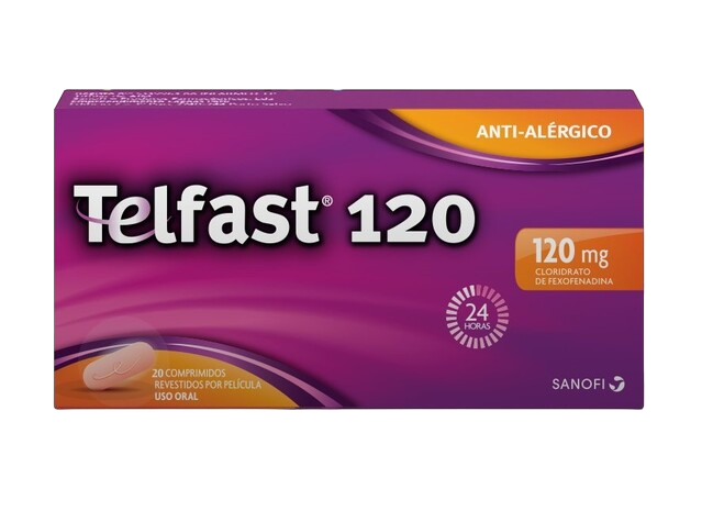 Embalagem de Telfast 120mg com 20 comprimidos – tratamento para rinite alérgica sazonal