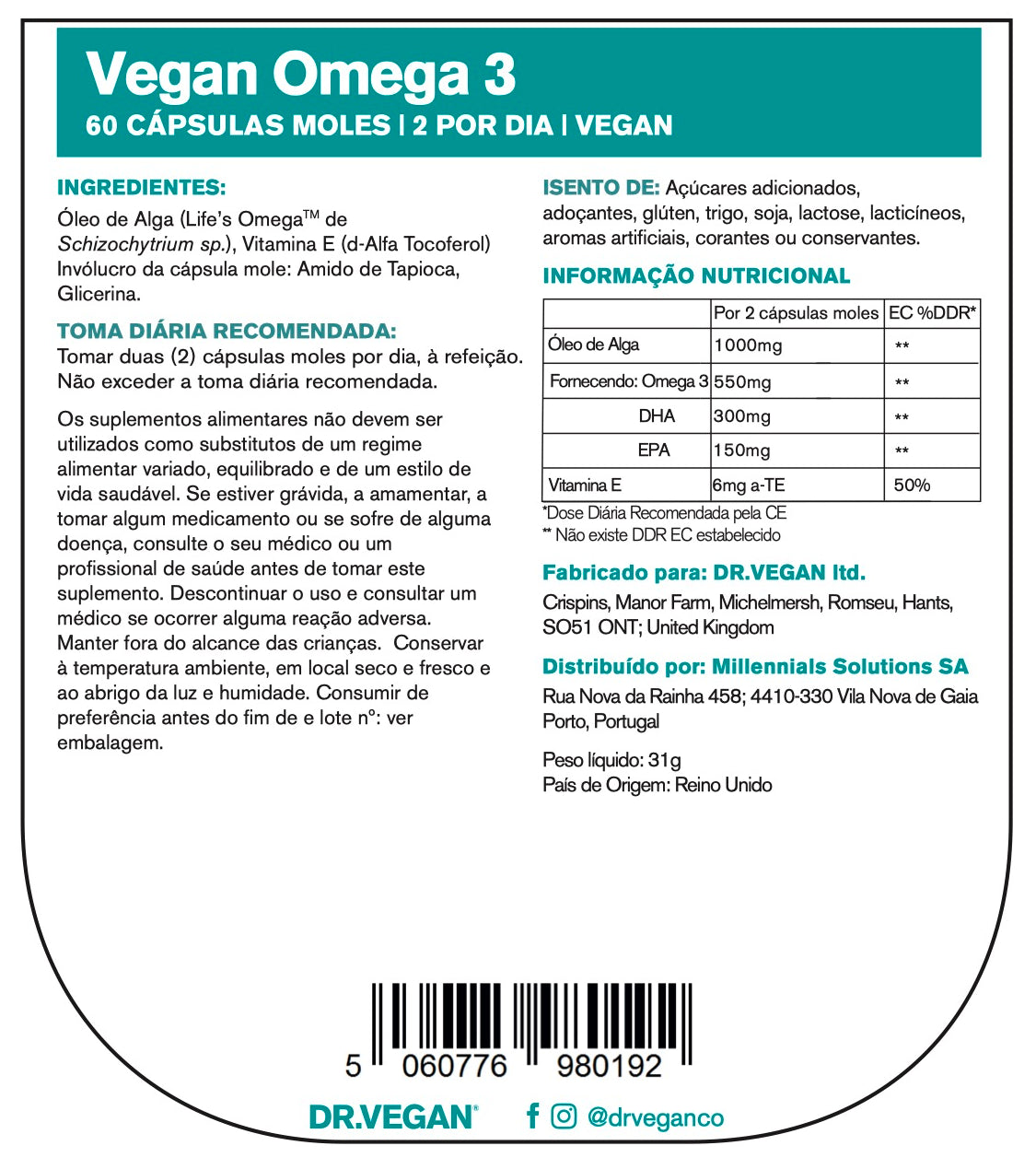 DR.VEGAN Omega 3 | Suplementos à base de plantas | Adequado para veganos | 60 cápsulas moles | Dois por dia