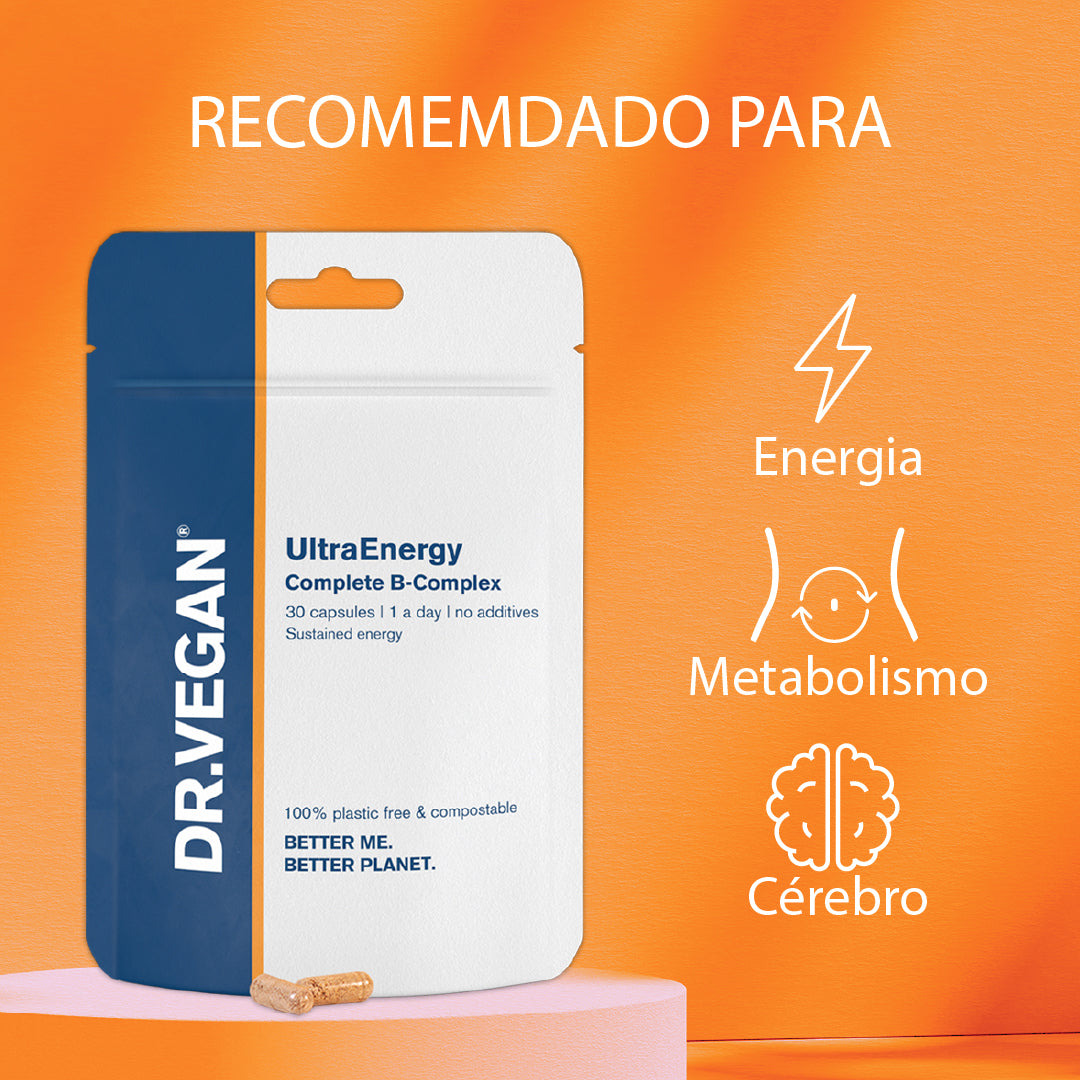 DR.VEGAN UltraEnergy | Complexo de vitamina B de alta resistência | Inclui Vitamina B12 (100ug), Colina (50mg), Biotina (50ug) e Folato (200ug) | 30 cápsulas veganas | Uma por dia