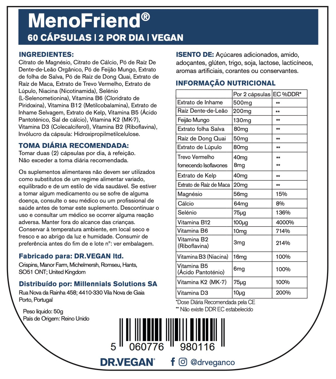 DR.VEGAN MenoFriend | Suporte à menopausa, alivio de sintomas comuns | 60 Cápsulas | Duas por dia | Botânicos, vitaminas e minerais, incluindo inhame selvagem 500 mg, raiz de dente de leão 200 mg, feijão mungo 130 mg