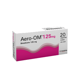 Embalagem de Aero-OM 125 mg – 20 cápsulas moles para gases e distensão abdominal