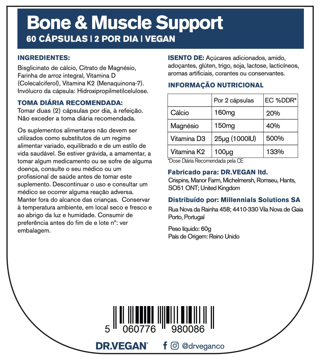 DR.VEGAN Bone & Muscle Support | 60 Cápsulas Veganas | Dois por dia - 30 dias de uso | Incluí Cálcio (Bisglicinato) 160 mg, Magnésio (Citrato) 150 mg, Vitamina K2 100 µg, Vitamina D3 25 µg (1000 UI)