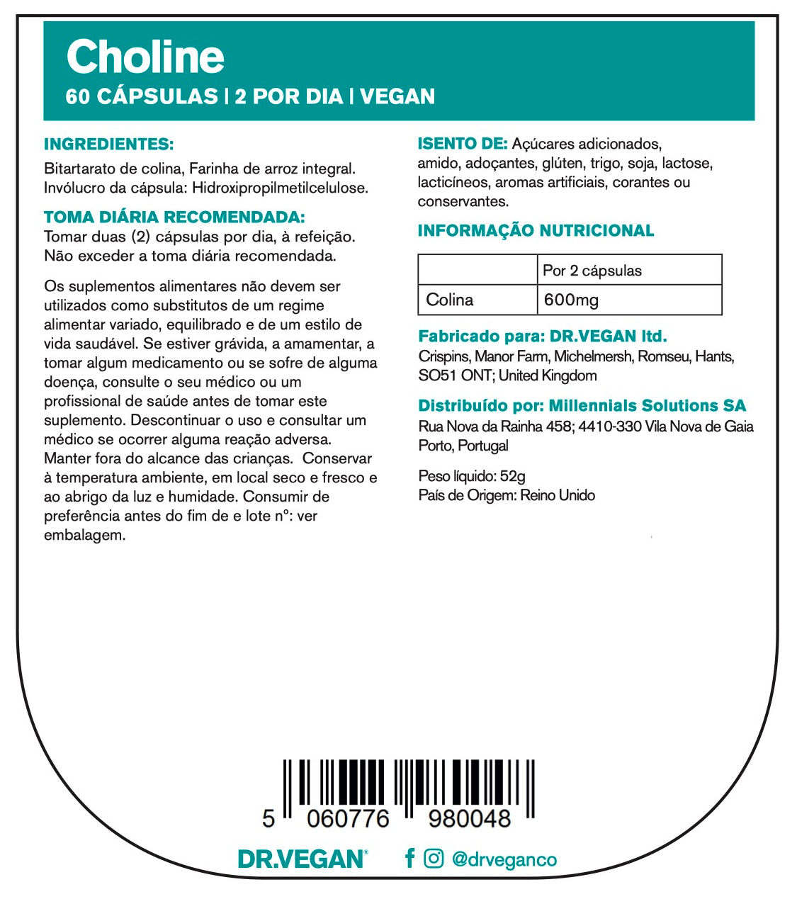 DR.VEGAN Choline, 600mg | 60 x 300 mg cápsulas veganas | Dois por dia - 30 dias de uso