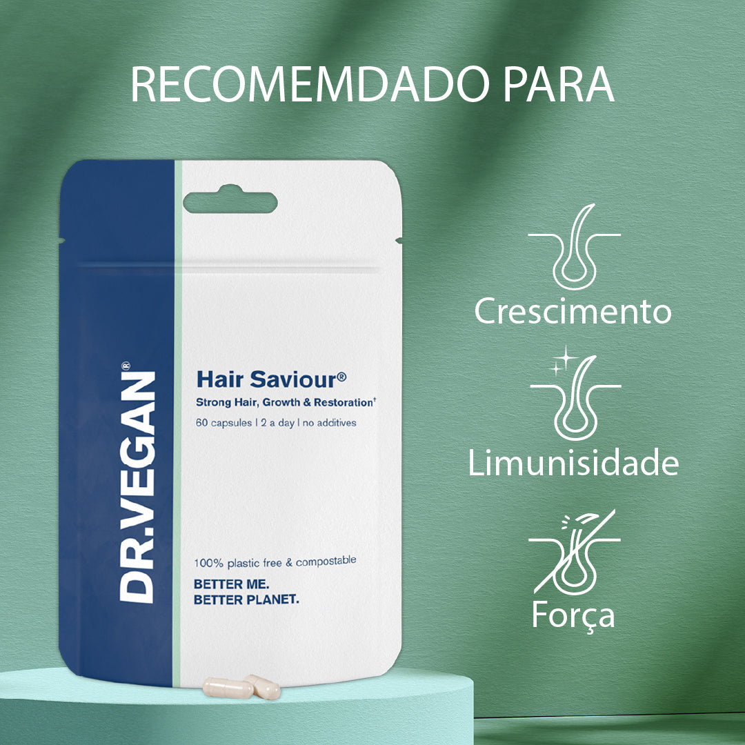 DR.VEGAN Hair Saviour | Combustível Cabelo Forte | Combate cabelos opacos, secos e quebradiços | 60 Cápsulas | 2 por dia | Incluindo MSM 400mg | AnaGain 100mg | Biotina 900mcg | Extrato de Saw Palmetto 150mg