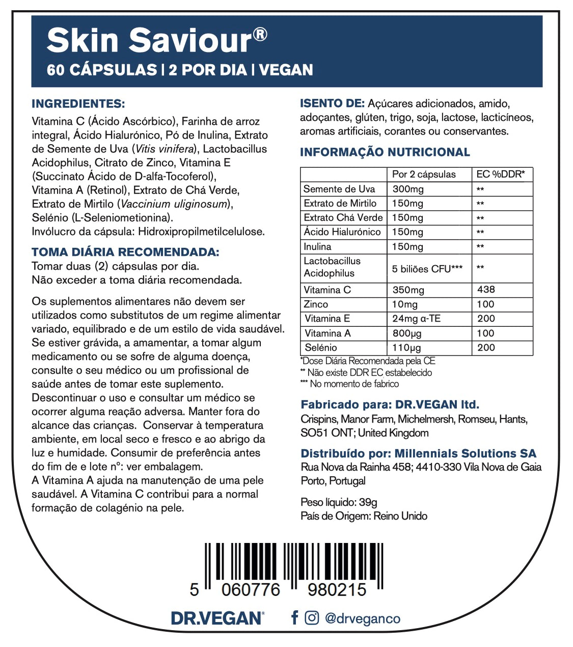 DR.VEGAN Skin Saviour | Colágeno naturalmente | Alternativa de Colágeno | 60 Cápsulas | 2 por dia | Inclui Ácido Hialurônico 150mg | Acidófilo 5 bilhões | Inulina 150mg | Semente de uva 300mg | Vitamina C 350 mg