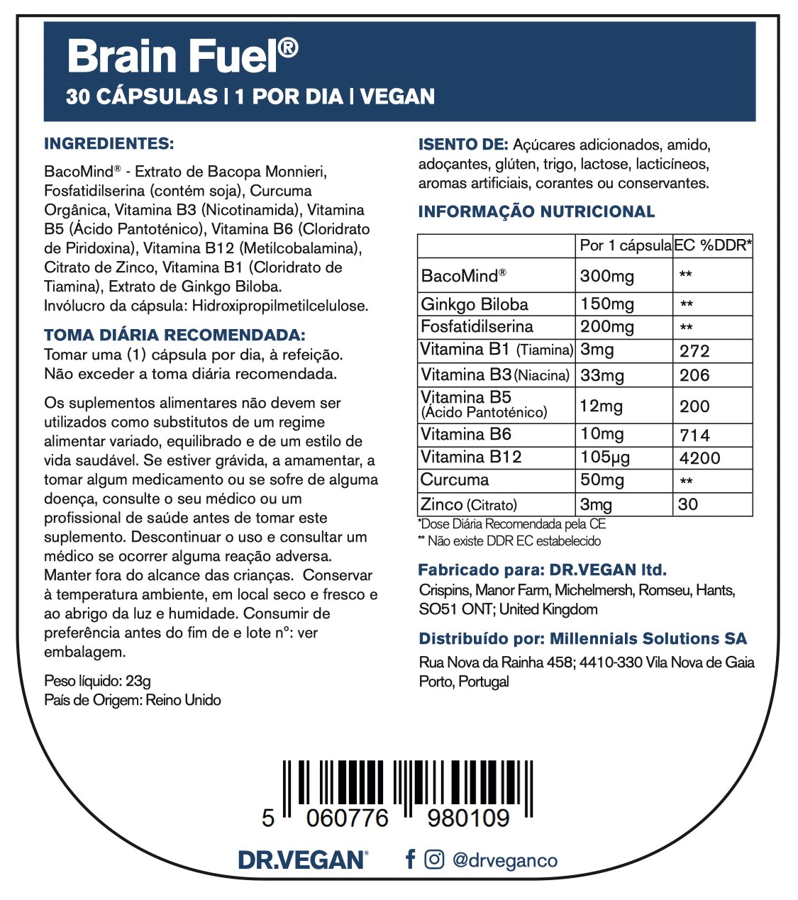 DR.VEGAN Brain Fuel  | Memória e foco, suplemento cerebral, BacoMind clinicamente testado | 30 Cápsulas | Uma cápsula por dia | Inclui Bacopa Monnieri 300mg, Ginkgo Biloba 150mg