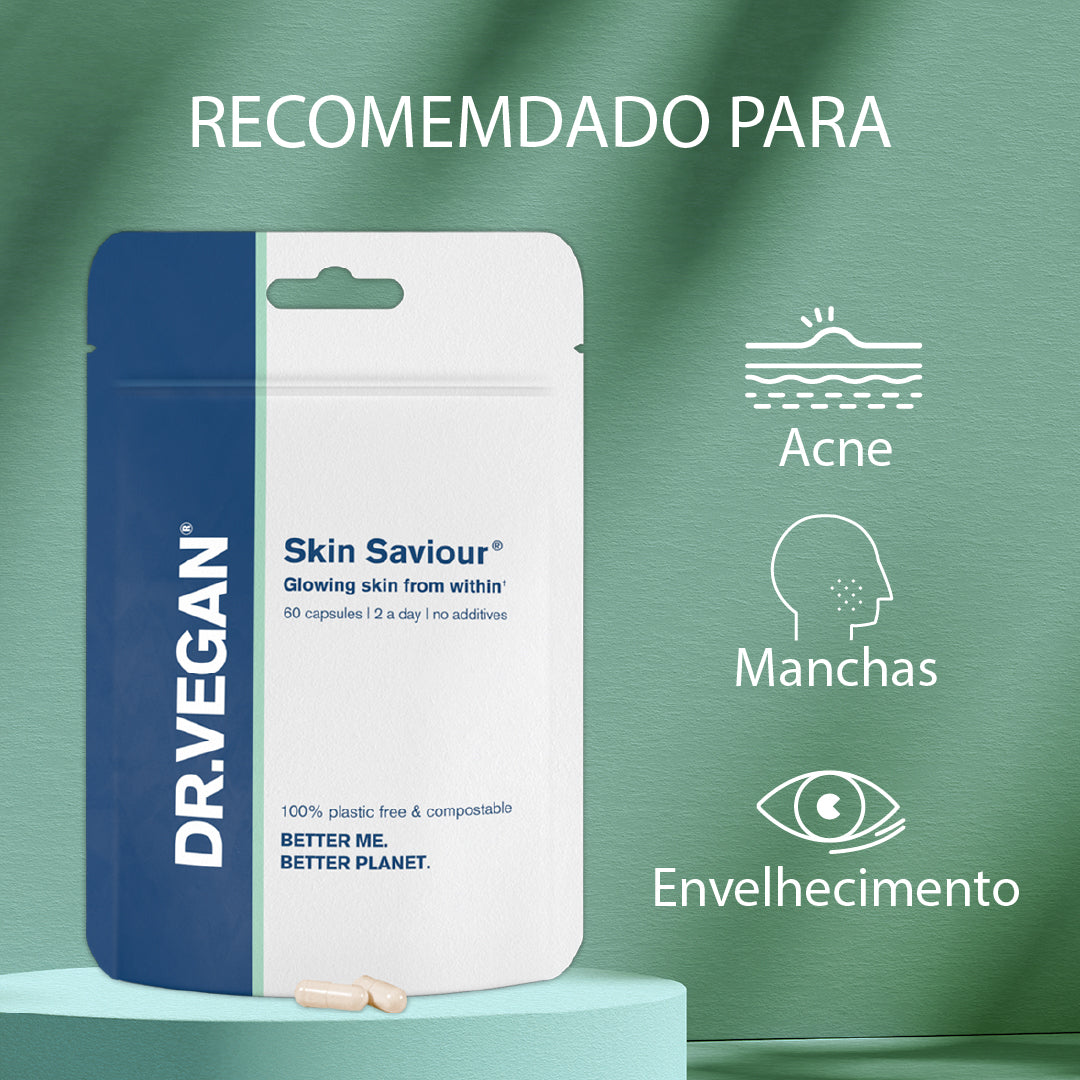 DR.VEGAN Skin Saviour | Colágeno naturalmente | Alternativa de Colágeno | 60 Cápsulas | 2 por dia | Inclui Ácido Hialurônico 150mg | Acidófilo 5 bilhões | Inulina 150mg | Semente de uva 300mg | Vitamina C 350 mg