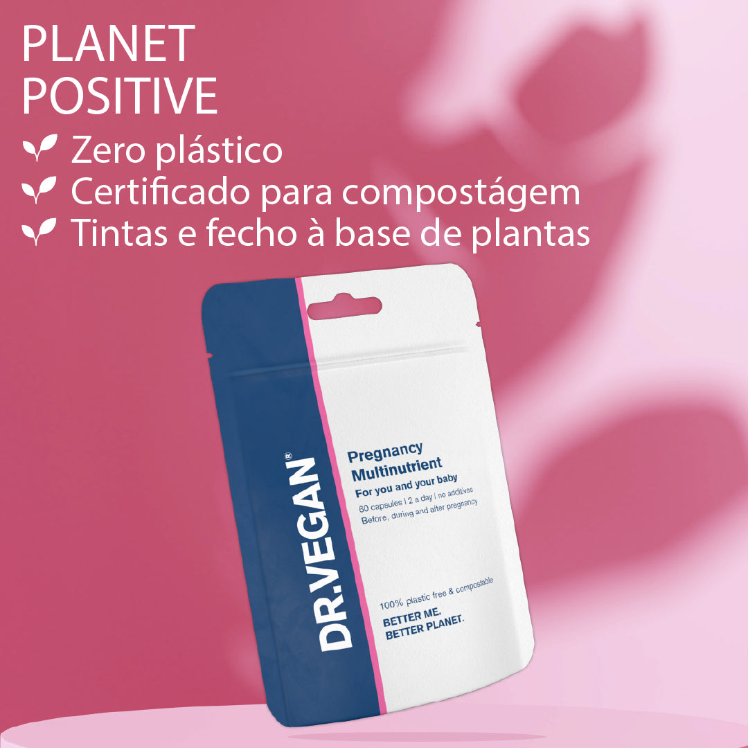 DR.VEGAN Pregnancy Multinutrient | Suplemento à base de plantas | 27 nutrientes essenciais | Ácido Fólico 400ug | 60 cápsulas | 2 por dia - 30 dias de uso | Colina 20mg | Beta-caroteno | Vitamina D3 25ug | Luteína 3mg | Vitaminas B