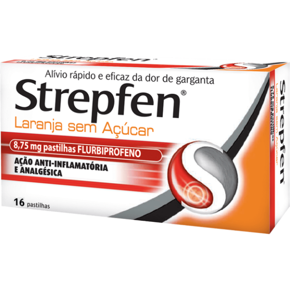 Strepfen Laranja Sem Açúcar 8,75 mg – 16 pastilhas para dor de garganta intensa