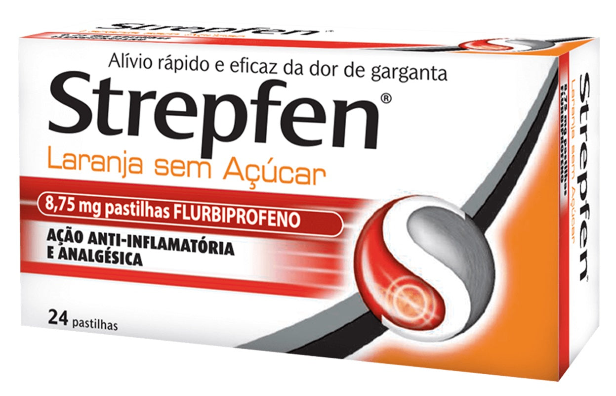 Strepfen Laranja Sem Açúcar – pastilhas para dor de garganta com flurbiprofeno