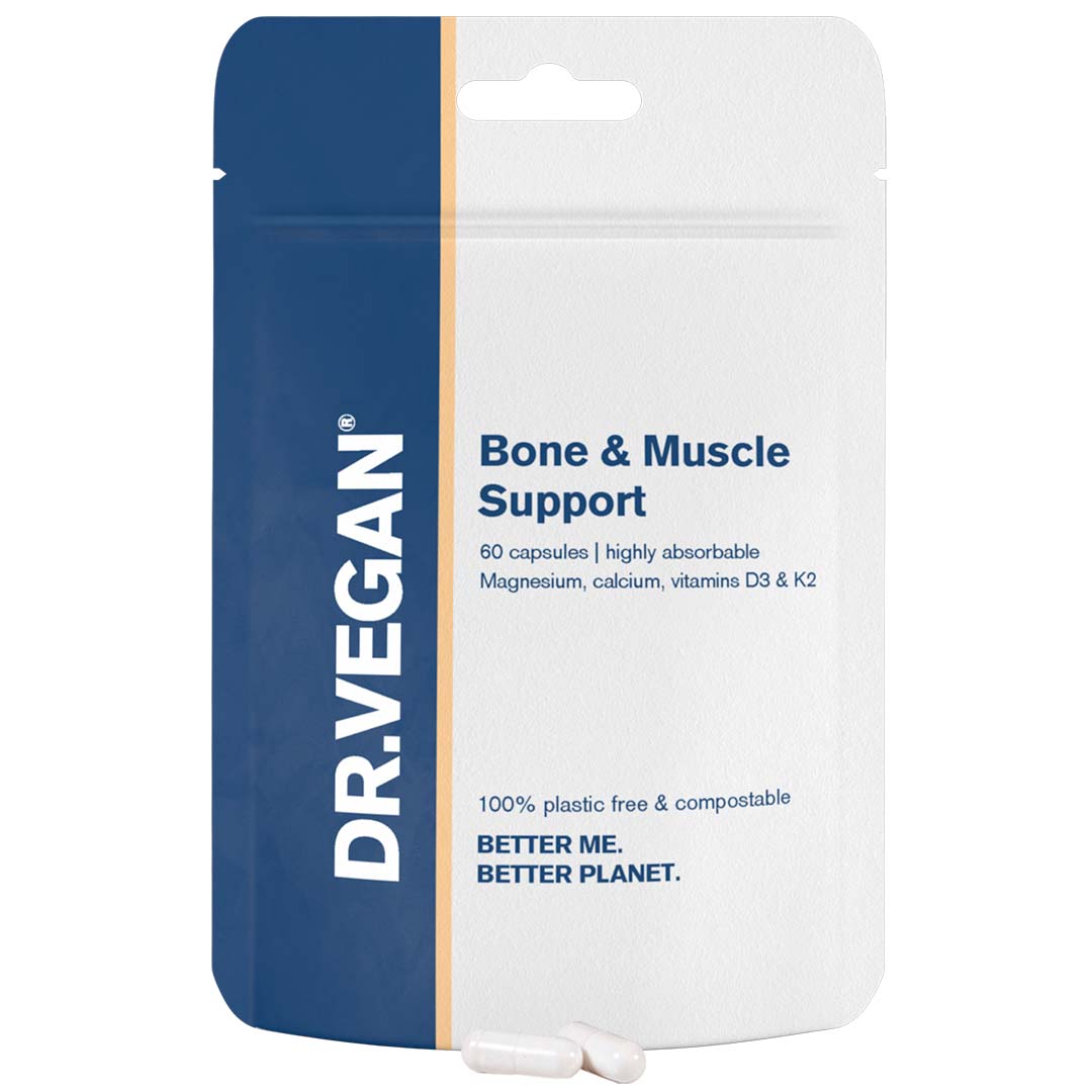 DR.VEGAN Bone & Muscle Support | 60 Cápsulas Veganas | Dois por dia - 30 dias de uso | Incluí Cálcio (Bisglicinato) 160 mg, Magnésio (Citrato) 150 mg, Vitamina K2 100 µg, Vitamina D3 25 µg (1000 UI)