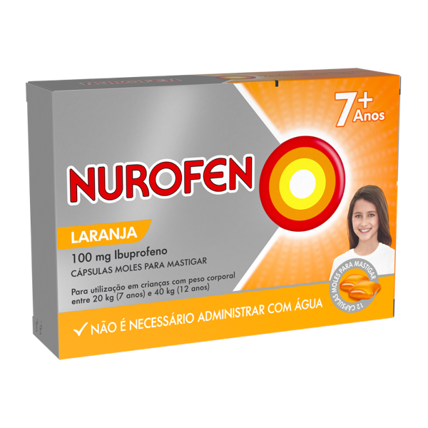 Caixa de Nurofen 100 mg Cápsulas Mastigáveis – Alívio da dor e febre em crianças dos 7 aos 12 anos
