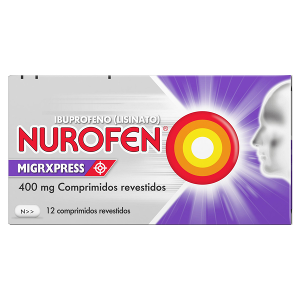 Embalagem de Nurofen Migrxpress 400 mg – comprimidos revestidos para dor de cabeça e febre