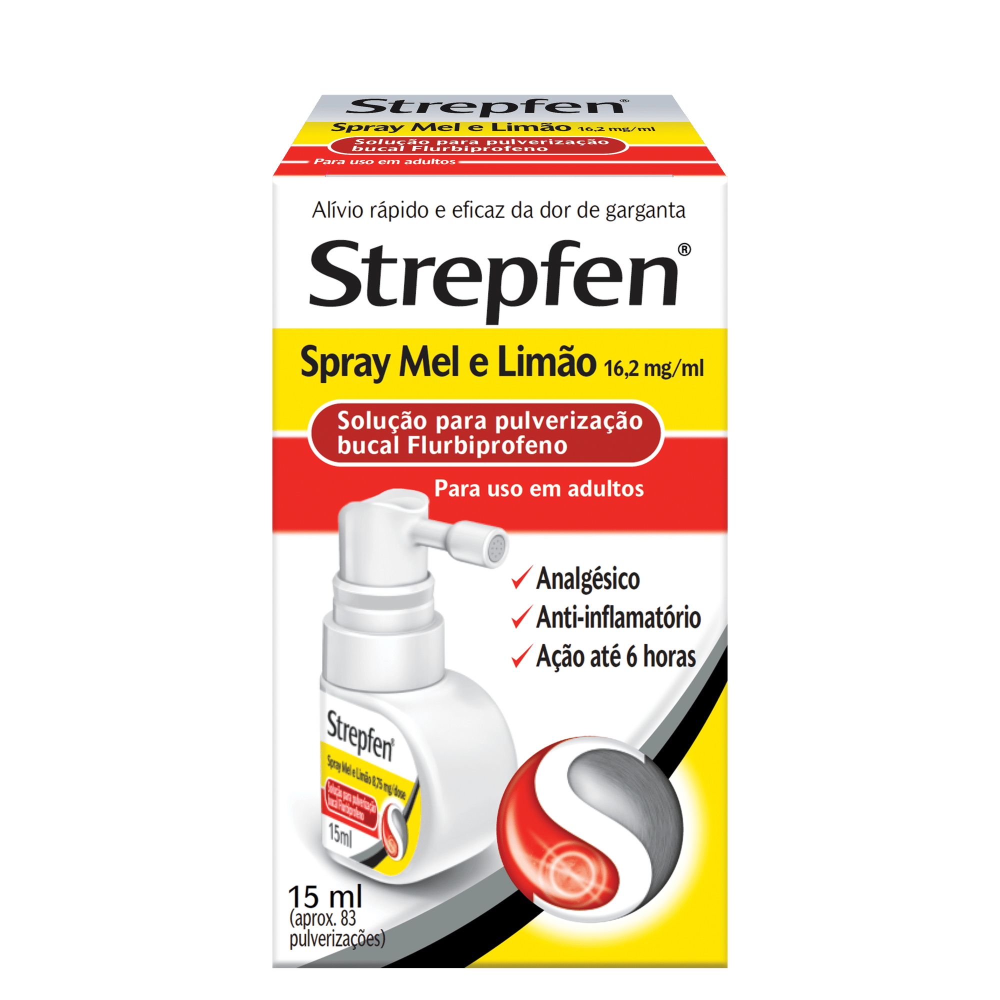 Strepfen Spray – Alívio rápido da dor de garganta em 5 minutos e efeito prolongado até 6 horas. Com flurbiprofeno.