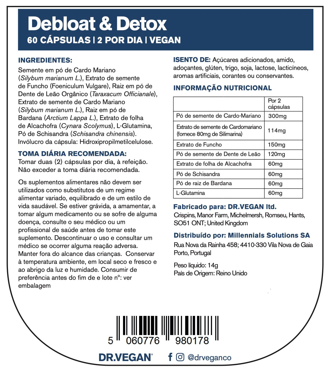 DR.VEGAN Debloat & Detox | Inchaço, digestão, suporte ao fígado | Vitaminas e suplementos | 60 cápsulas - 30 dias de uso