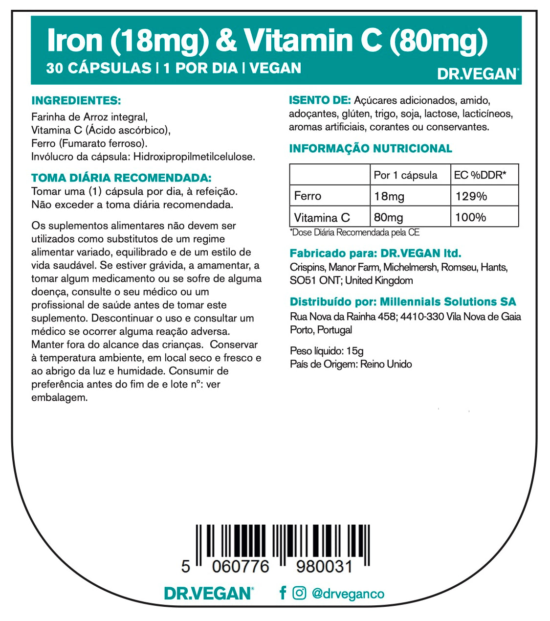 DR.VEGAN Daily Gentle Iron (18mg) and Vitamin C (80mg) | 30 Cápsulas Veganas | Uma por dia