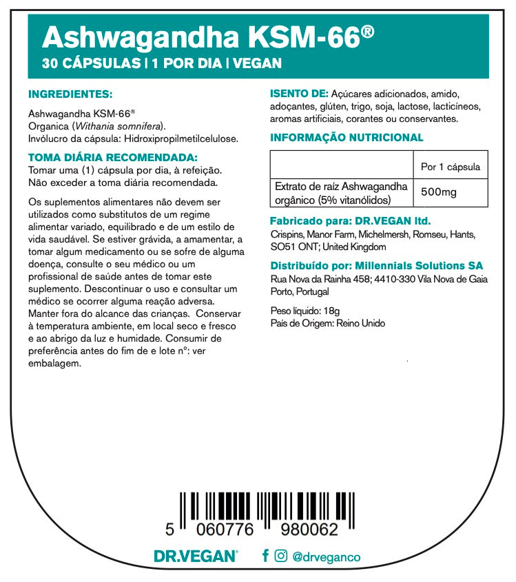 DR.VEGAN Daily Ashwagandha KSM-66 | 500mg | Raiz de Ashwagandha | 30 Cápsulas | Uma por dia