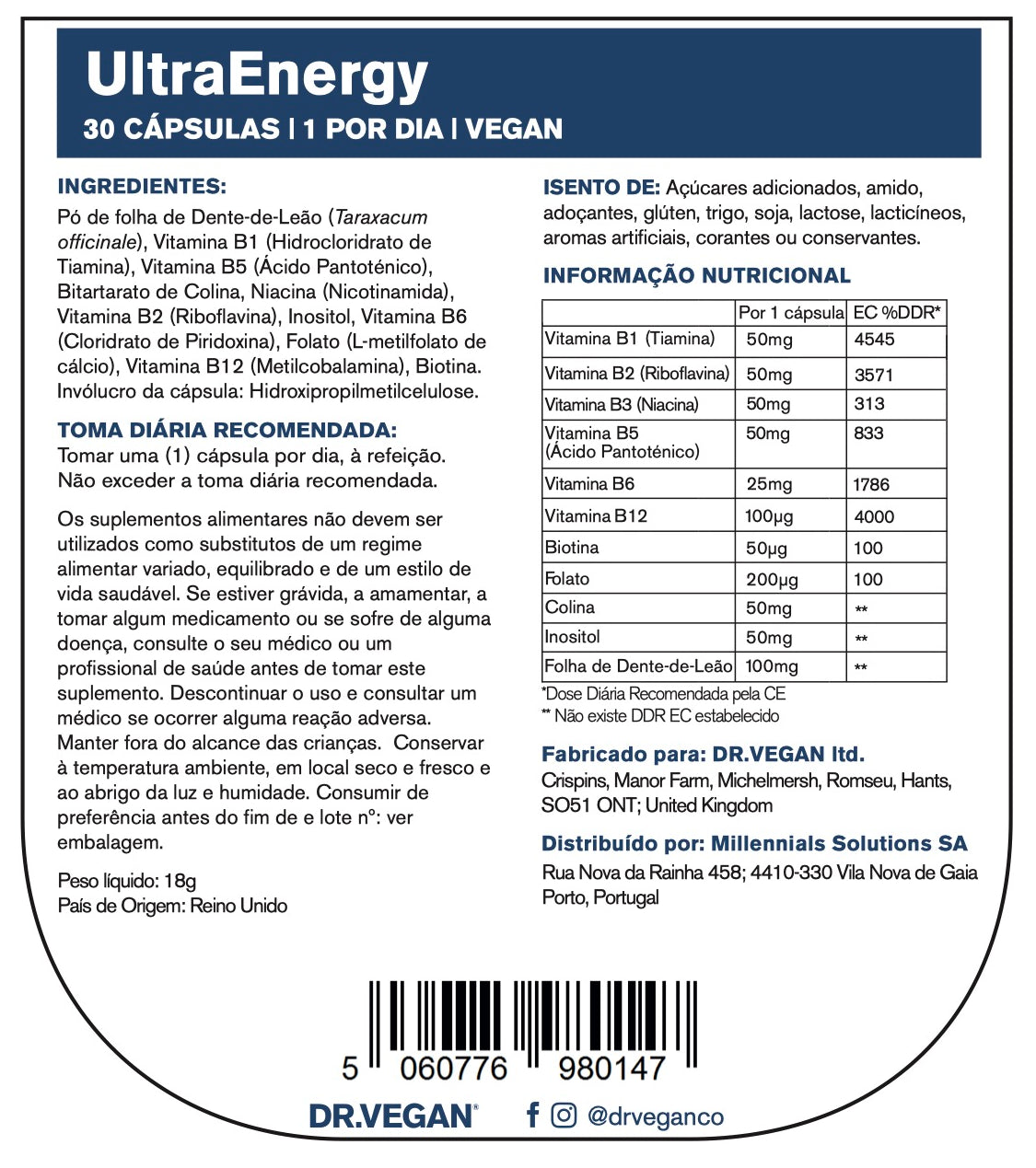 DR.VEGAN UltraEnergy | Complexo de vitamina B de alta resistência | Inclui Vitamina B12 (100ug), Colina (50mg), Biotina (50ug) e Folato (200ug) | 30 cápsulas veganas | Uma por dia