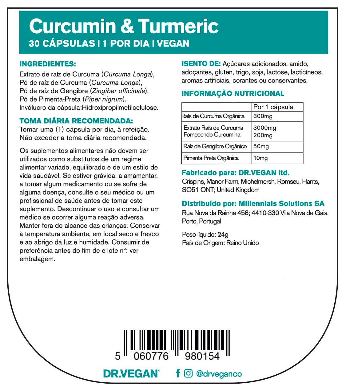DR.VEGAN Organic Curcumin & Turmeric | 30 cápsulas veganas | Curcumina (200mg) e Cúrcuma (3300mg) com Gengibre e Pimenta Preta | Um por dia - 30 dias de uso
