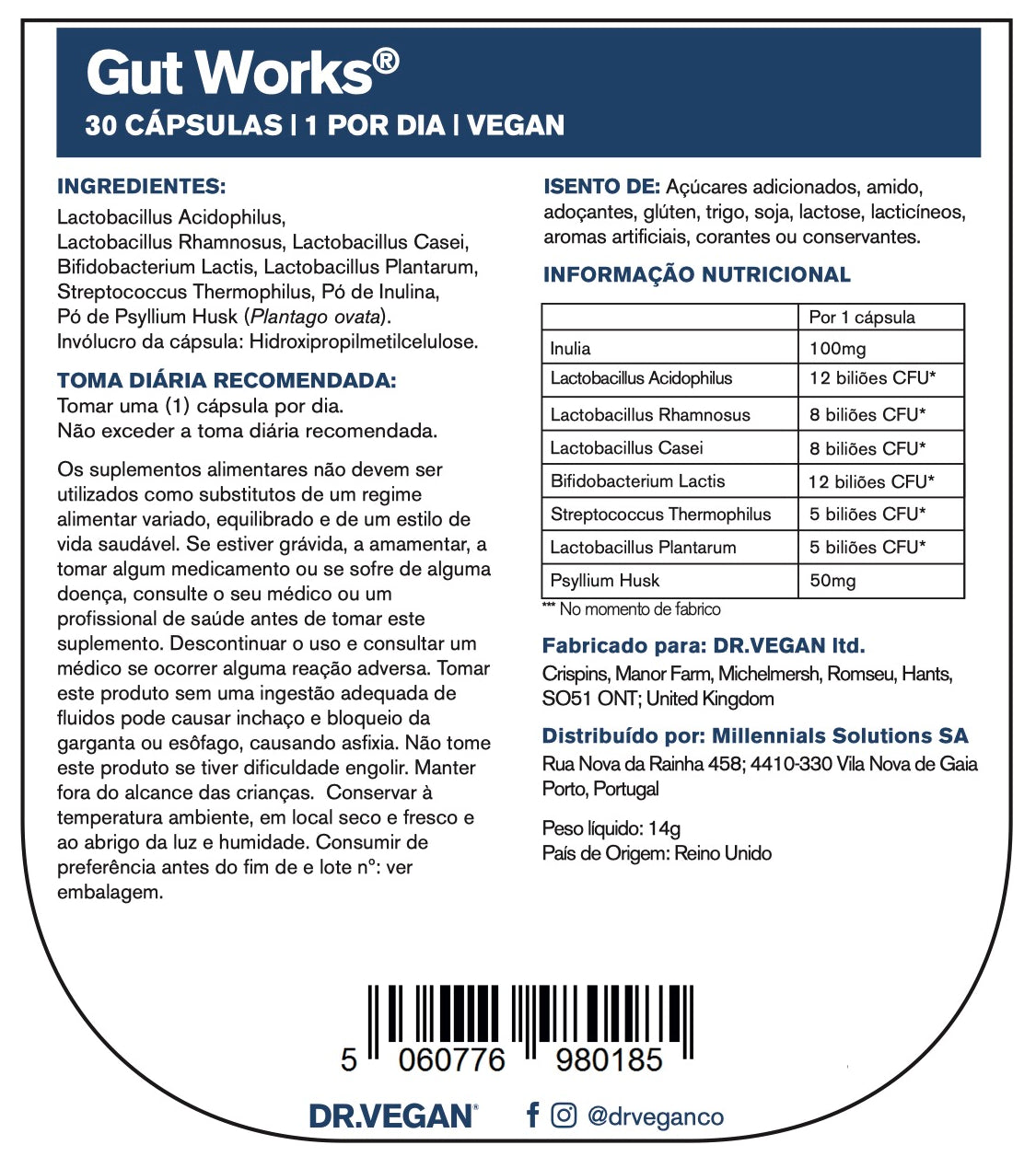 DR.VEGAN Gut Works® | 50 bilhões de culturas vivas | Pré e Probiótico | 30 cápsulas veganas | Uma por dia