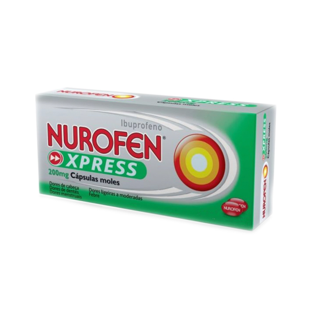 Caixa de Nurofen Xpress 200 mg – Alívio rápido de dores ligeiras e febre com ibuprofeno