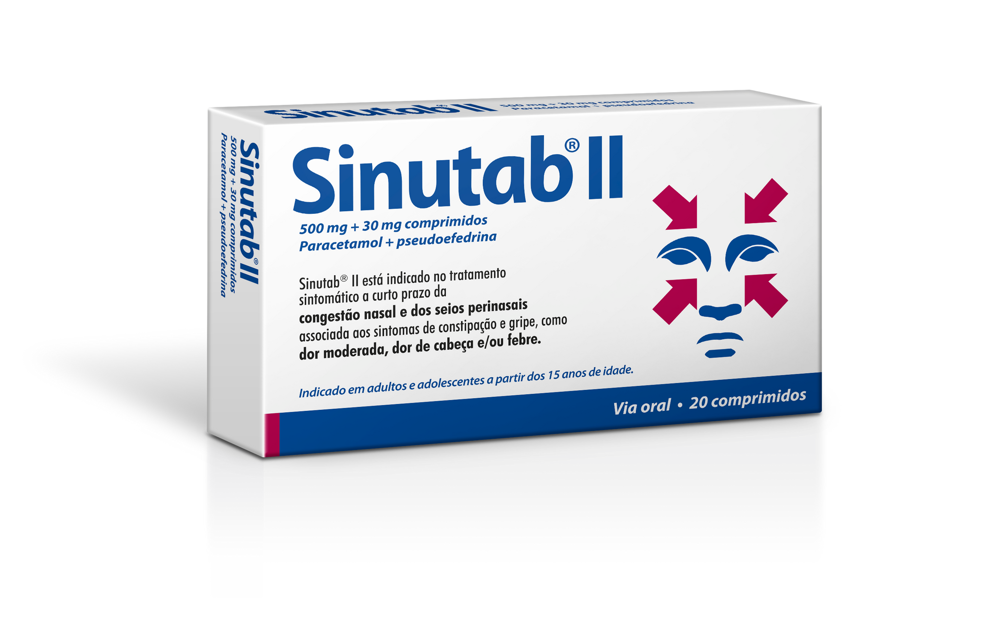 Embalagem de Sinutab II 500/30 mg 20 comprimidos – congestão, dor e febre
