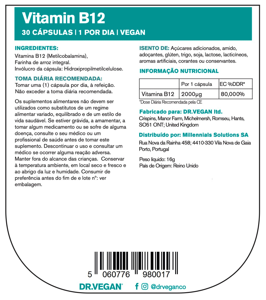 DR.VEGAN Daily Vitamin B12, 2000ug | 30 Cápsulas Veganas | Uma por dia