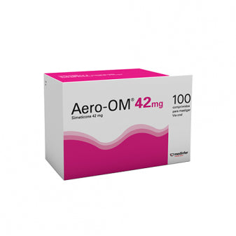 Embalagem de Aero-OM 42 mg 100 comprimidos mastigáveis – para gases e distensão abdominal