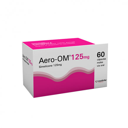 Embalagem de Aero-OM 125 mg 60 cápsulas moles – simeticone para flatulência e gases