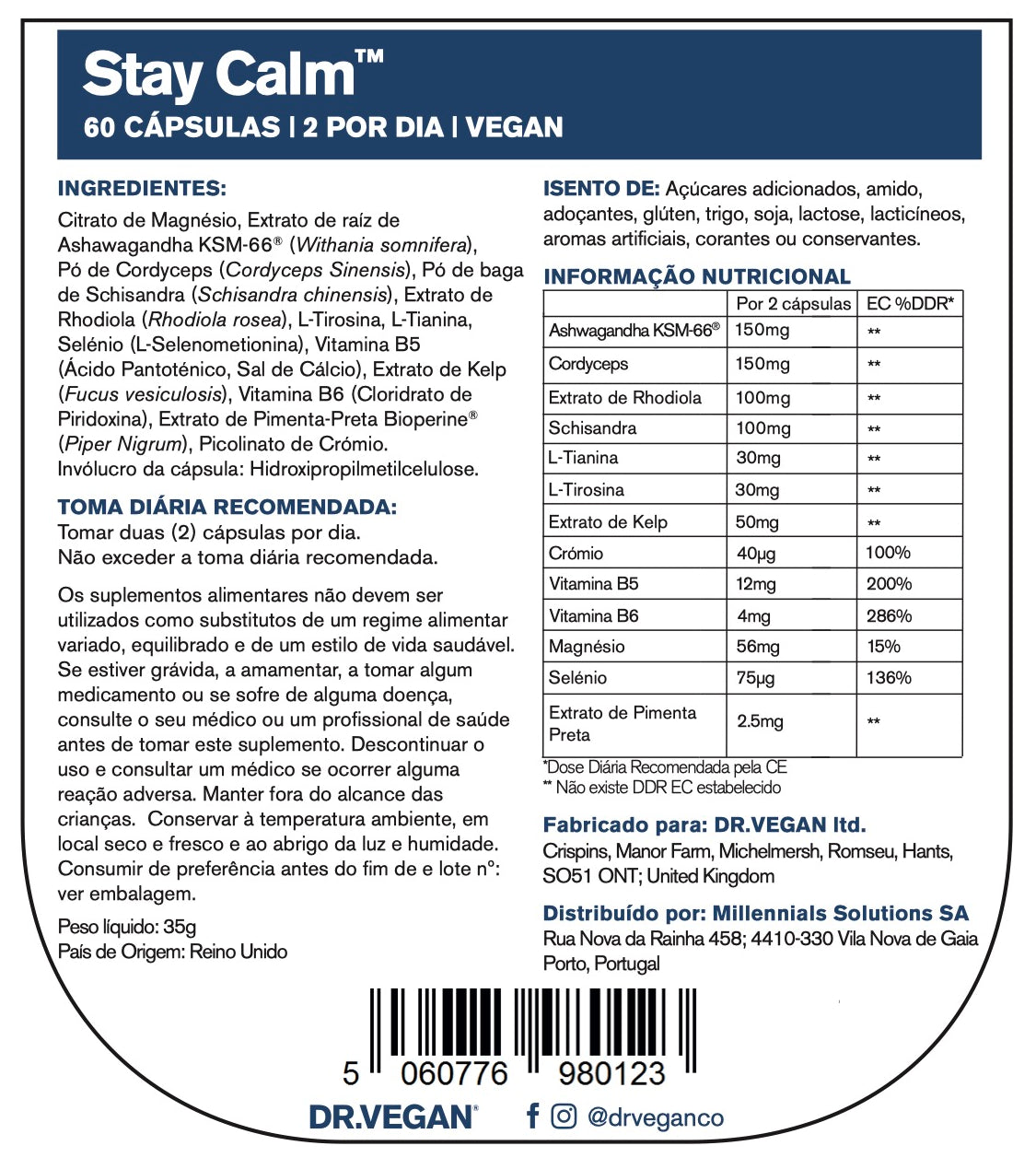 DR.VEGAN Stay Calm | para stress e ansiedade | 60 Cápsulas | Dois por dia - 30 dias de uso| Incluindo Ashwagandha KSM-66 150 mg, Cordyceps 150 mg, Rhodiola 100 mg, Schisandra 100 mg