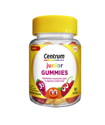 Gomas infantis com sabor a cereja, laranja e morango/framboesa, ricas em vitaminas e minerais