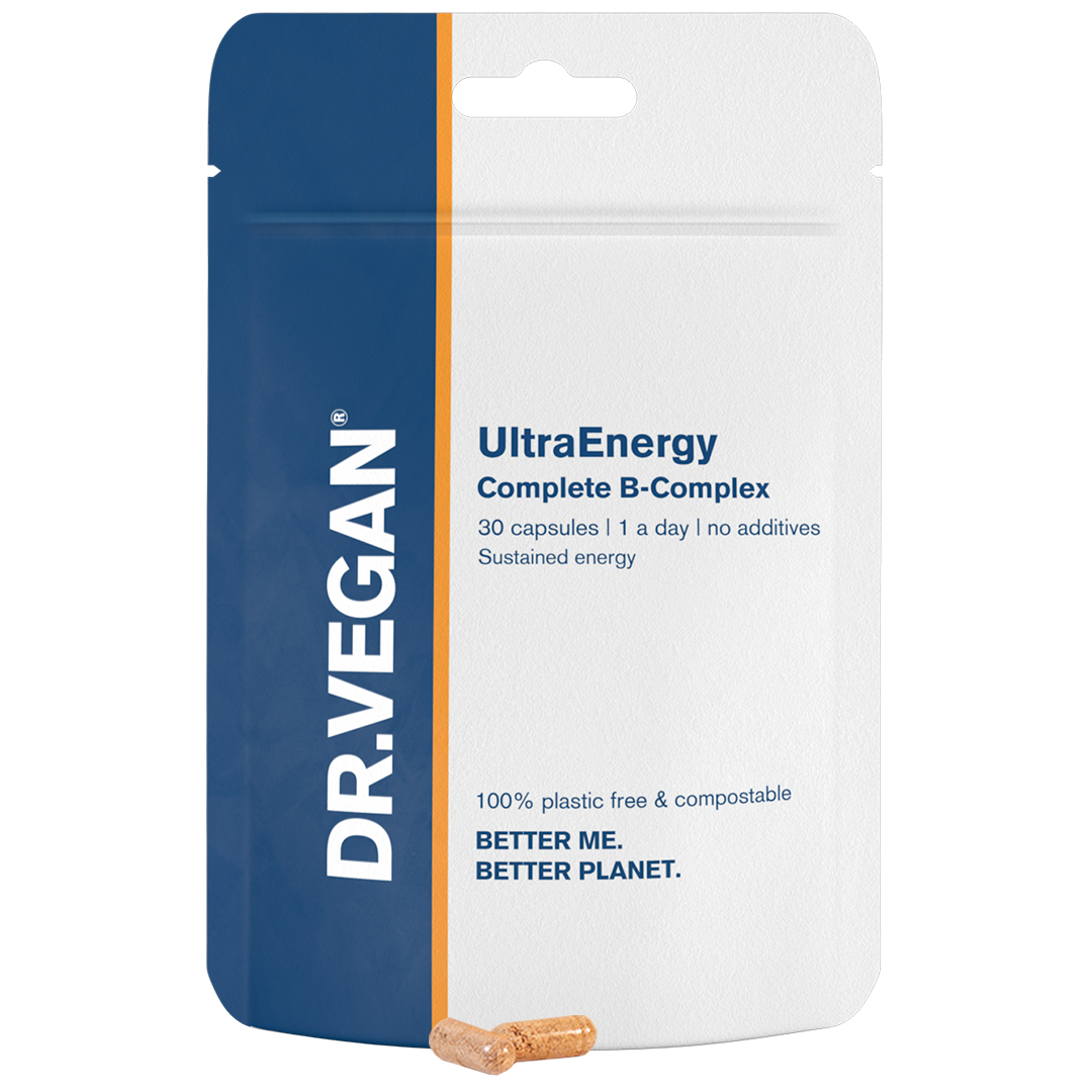 DR.VEGAN UltraEnergy | Complexo de vitamina B de alta resistência | Inclui Vitamina B12 (100ug), Colina (50mg), Biotina (50ug) e Folato (200ug) | 30 cápsulas veganas | Uma por dia