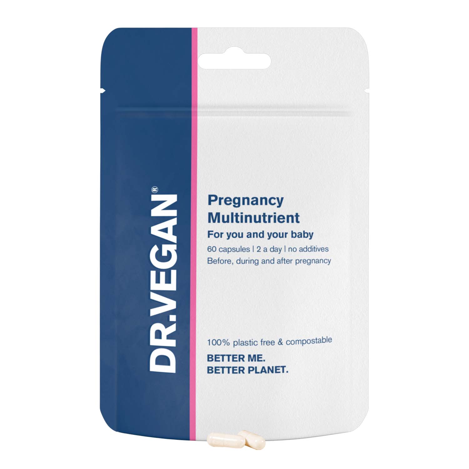 DR.VEGAN Pregnancy Multinutrient | Suplemento à base de plantas | 27 nutrientes essenciais | Ácido Fólico 400ug | 60 cápsulas | 2 por dia - 30 dias de uso | Colina 20mg | Beta-caroteno | Vitamina D3 25ug | Luteína 3mg | Vitaminas B