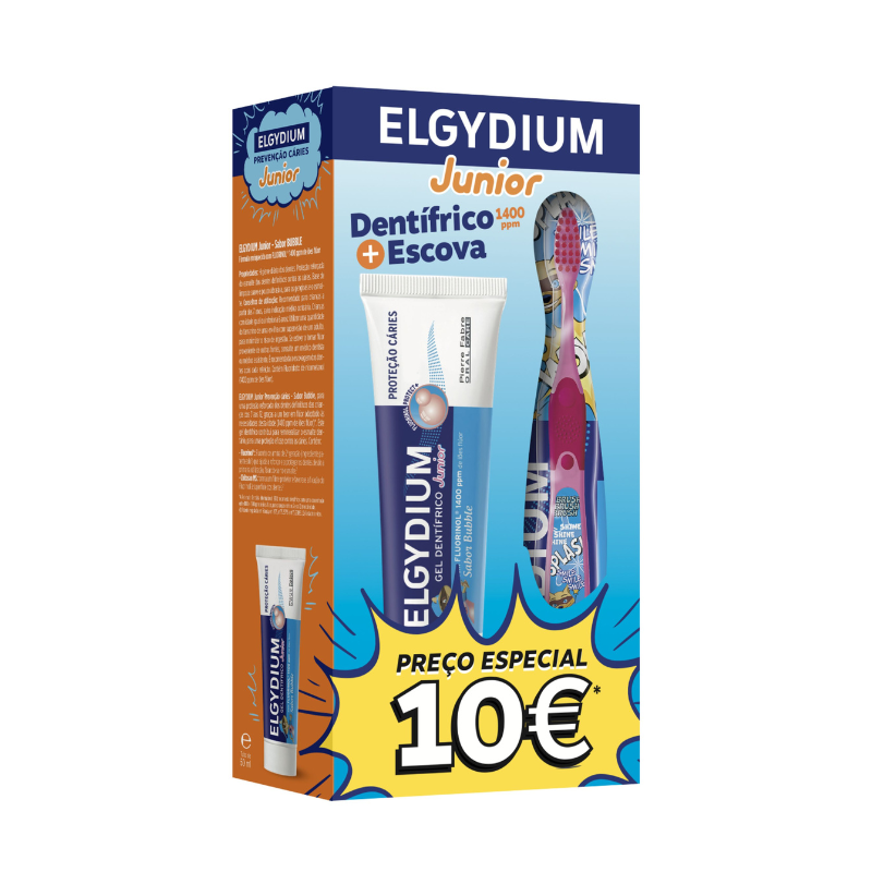 Elgydium Junior Kit Pasta Dentes Pastilha Elástica + Escova Preço Especial 10€