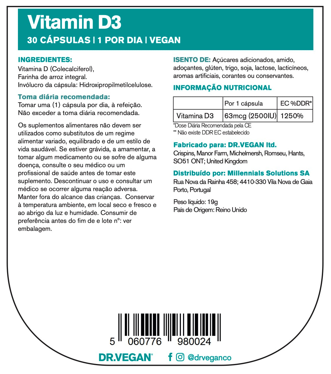 DR.VEGAN Daily Vitamin D3, 2500 UI (63mcg) | 30 Cápsulas Veganas | Uma por dia