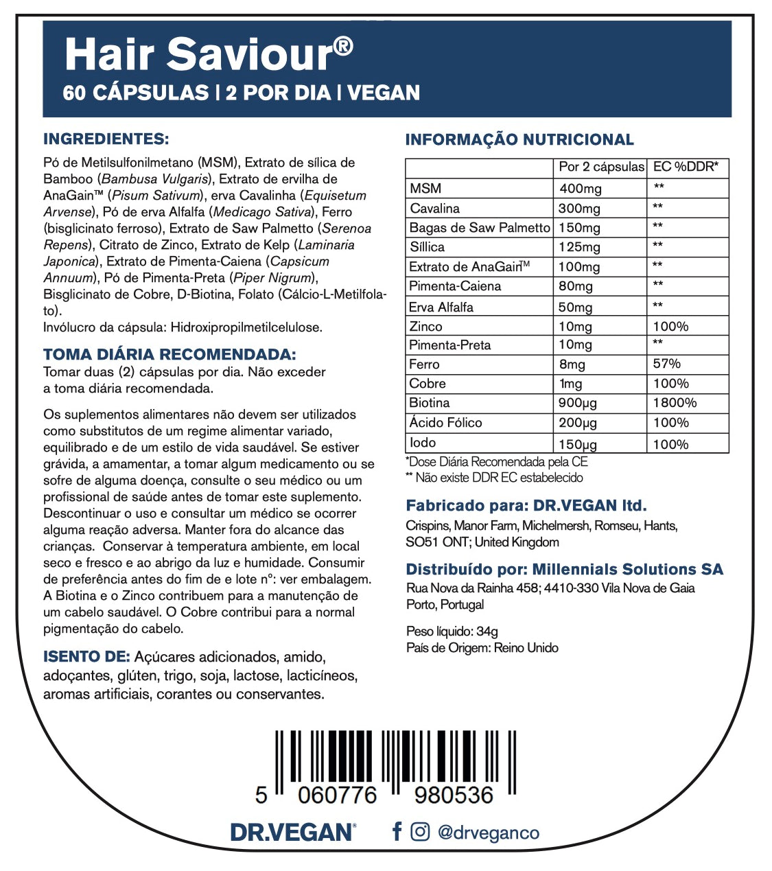 DR.VEGAN Hair Saviour | Combustível Cabelo Forte | Combate cabelos opacos, secos e quebradiços | 60 Cápsulas | 2 por dia | Incluindo MSM 400mg | AnaGain 100mg | Biotina 900mcg | Extrato de Saw Palmetto 150mg