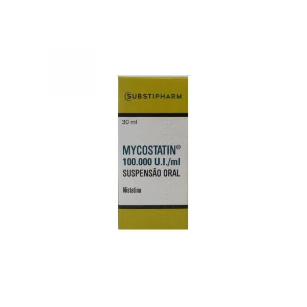 Embalagem de Mycostatin suspensão oral para tratamento de candidíase oral.