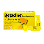 Embalagem de Betadine Solução Cutânea Unidoses 5 mL – 10 frascos para desinfeção de feridas
