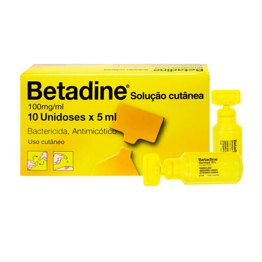 Embalagem de Betadine Solução Cutânea Unidoses 5 mL – 10 frascos para desinfeção de feridas