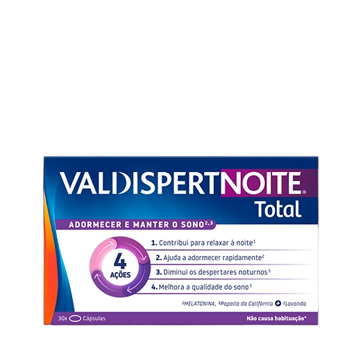 Valdispert Noite Total – Suplemento com melatonina, lavanda e papoila da Califórnia para adormecer mais rápido e dormir melhor.