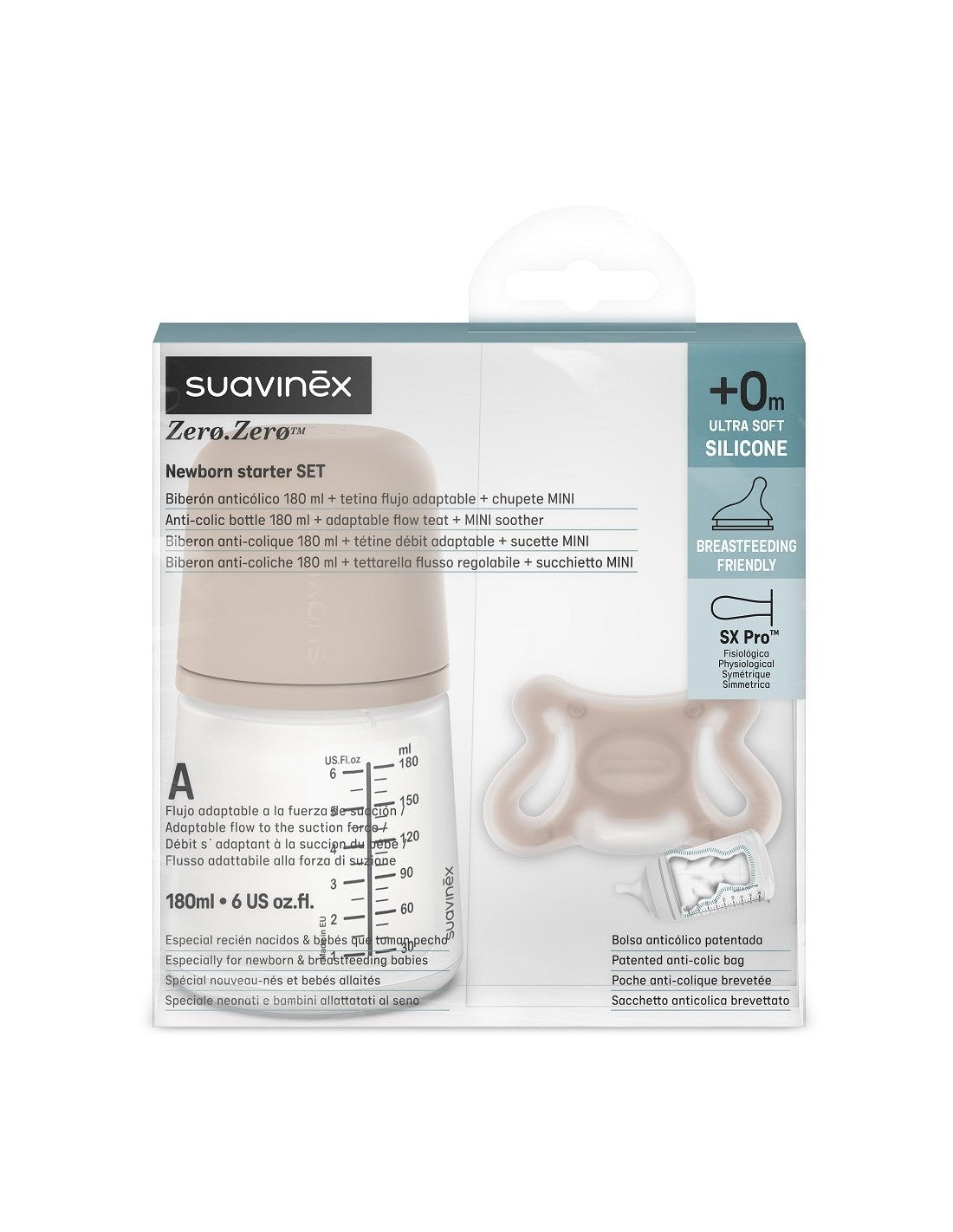 Suavinex Conjunto Biberão Anti-Cólica 180ml + Chupeta -2/2M Medium ZERO.ZERO