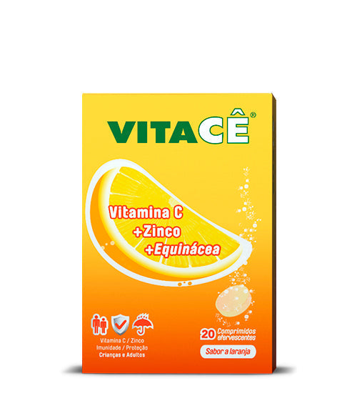 Embalagem de Vitacê® comprimidos efervescentes com Vitamina C, Zinco e Equinácea.